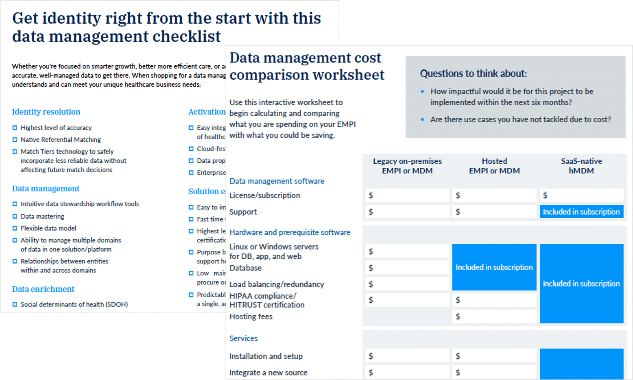 Data management checklist and cost comparison worksheet showing identity resolution features, data management capabilities, and pricing columns for legacy on-premises, hosted, and SaaS-native solutions.