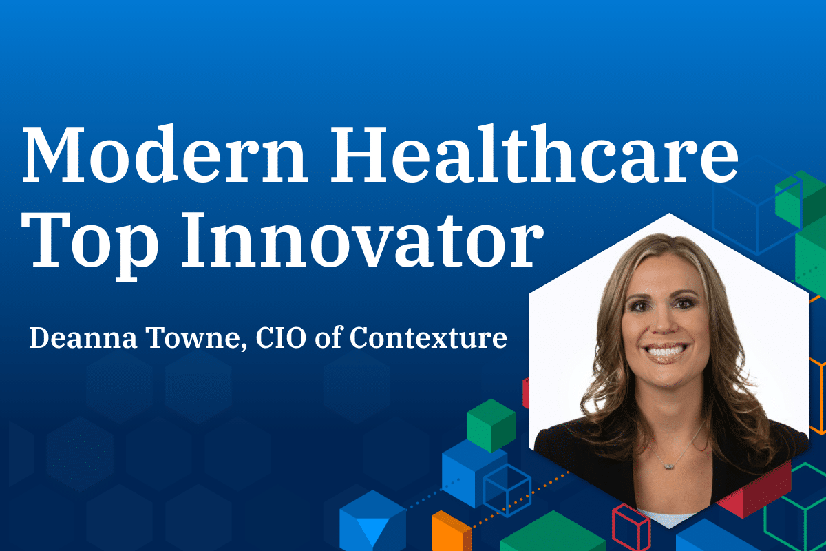 Deanna Towne, CIO of Contexture, named Modern Healthcare Top Innovator, shown in professional headshot against blue background with geometric design elements.