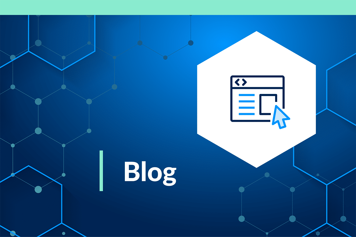 Blog header with hexagonal icon showing a webpage with code brackets and cursor pointer against a blue network-patterned background